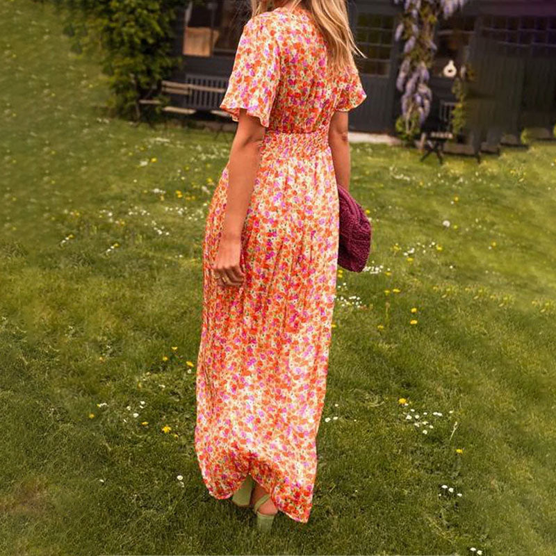 Women's V-neck maxi dress elegant fit available in orange, blue, green and red