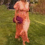 Women's V-neck maxi dress elegant fit available in orange, blue, green and red