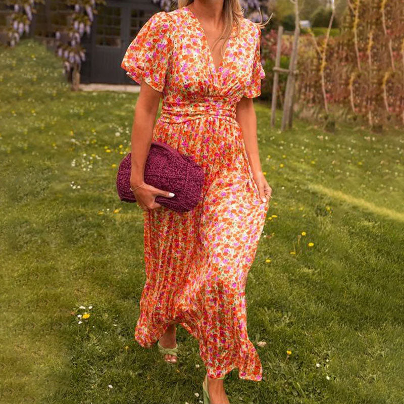 Women's V-neck maxi dress elegant fit available in orange, blue, green and red