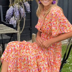 Women's V-neck maxi dress elegant fit available in orange, blue, green and red