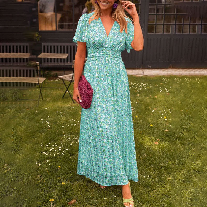Women's V-neck maxi dress elegant fit available in orange, blue, green and red