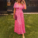 Women's V-neck maxi dress elegant fit available in orange, blue, green and red