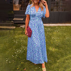Women's V-neck maxi dress elegant fit available in orange, blue, green and red