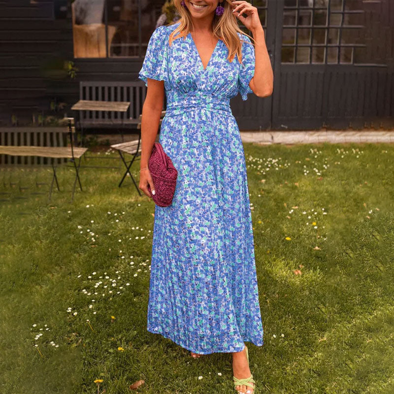 Women's V-neck maxi dress elegant fit available in orange, blue, green and red