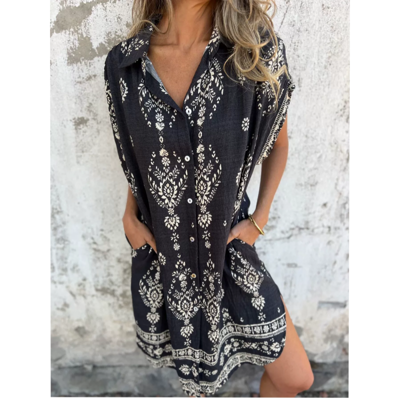 Women cotton linen loose fit dress with pockets short sleeve round neckline
