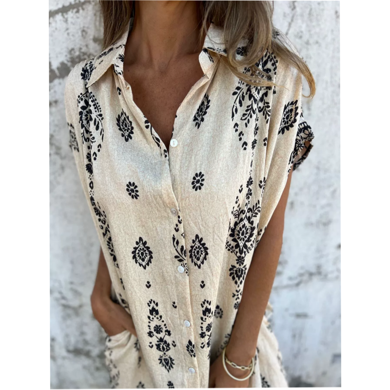 Women cotton linen loose fit dress with pockets short sleeve round neckline