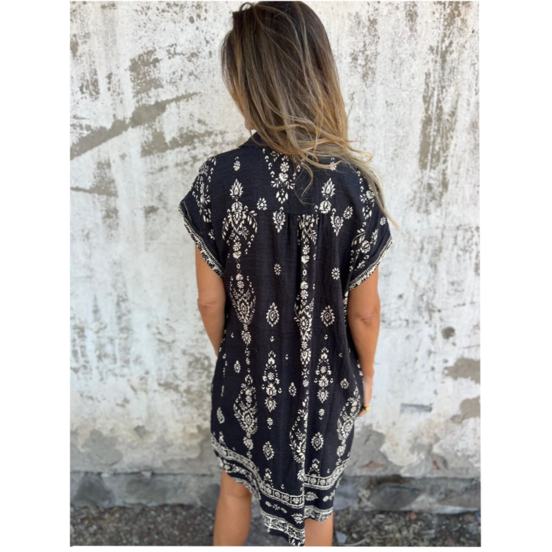 Women cotton linen loose fit dress with pockets short sleeve round neckline