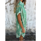 Women cotton linen loose fit dress with pockets short sleeve round neckline