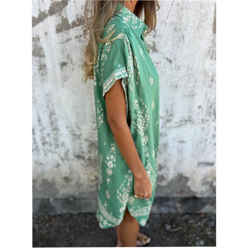 Women cotton linen loose fit dress with pockets short sleeve round neckline