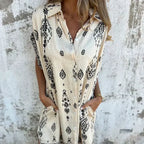 Women cotton linen loose fit dress with pockets short sleeve round neckline