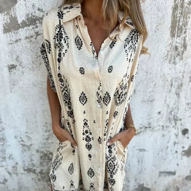 Women cotton linen loose fit dress with pockets short sleeve round neckline