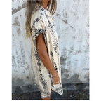 Women cotton linen loose fit dress with pockets short sleeve round neckline