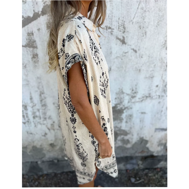 Women cotton linen loose fit dress with pockets short sleeve round neckline