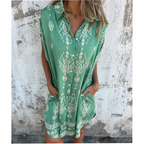 Women cotton linen loose fit dress with pockets short sleeve round neckline
