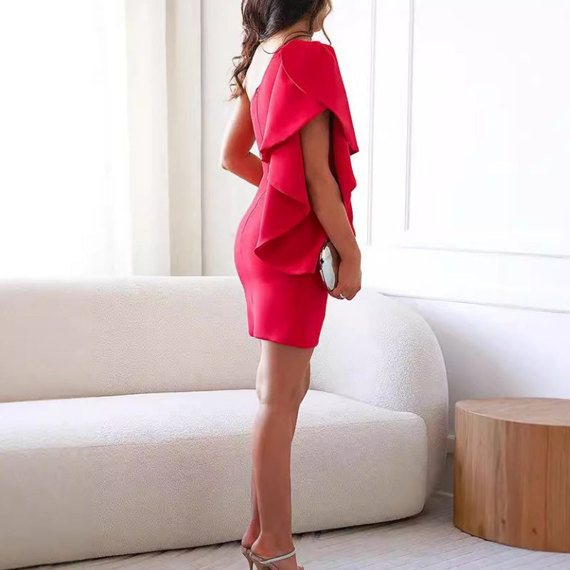 Women off shoulder flutter sleeve cocktail dress in Khaki Red and Pink