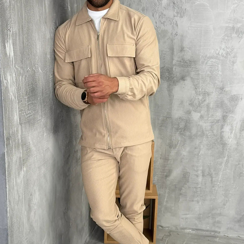 Men 2 Piece Ribbed Tracksuit Zip Up Jogger Set in Khaki and Black