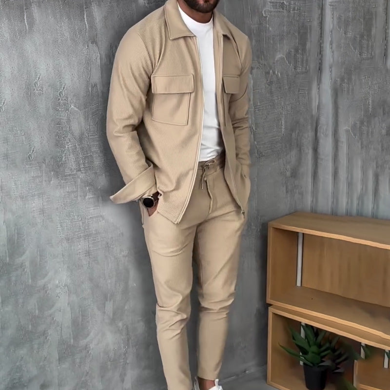 Men 2 Piece Ribbed Tracksuit Zip Up Jogger Set in Khaki and Black