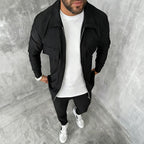 Men 2 Piece Ribbed Tracksuit Zip Up Jogger Set in Khaki and Black
