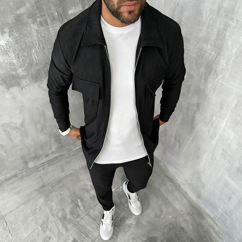 Men 2 Piece Ribbed Tracksuit Zip Up Jogger Set in Khaki and Black