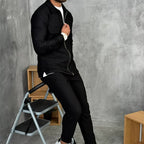 Men 2 Piece Ribbed Tracksuit Zip Up Jogger Set in Khaki and Black