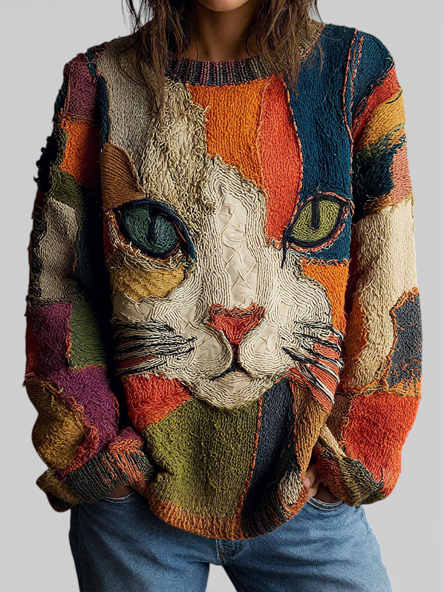 Women casual sweater art print long sleeve relaxed fit multicolor