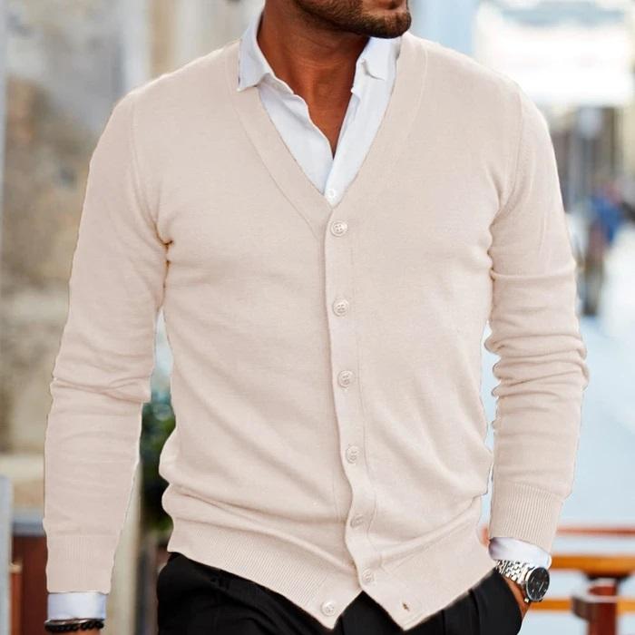 Men knit cardigan V-neck button front in dark red, casual style