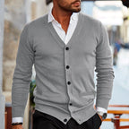 Men knit cardigan V-neck button front in dark red, casual style