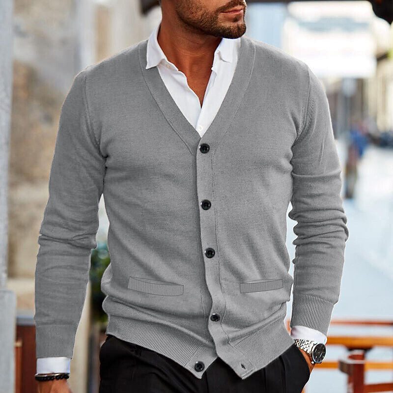 Men knit cardigan V-neck button front in dark red, casual style