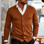 Men knit cardigan V-neck button front in dark red, casual style