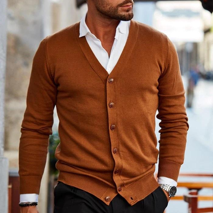Men knit cardigan V-neck button front in dark red, casual style