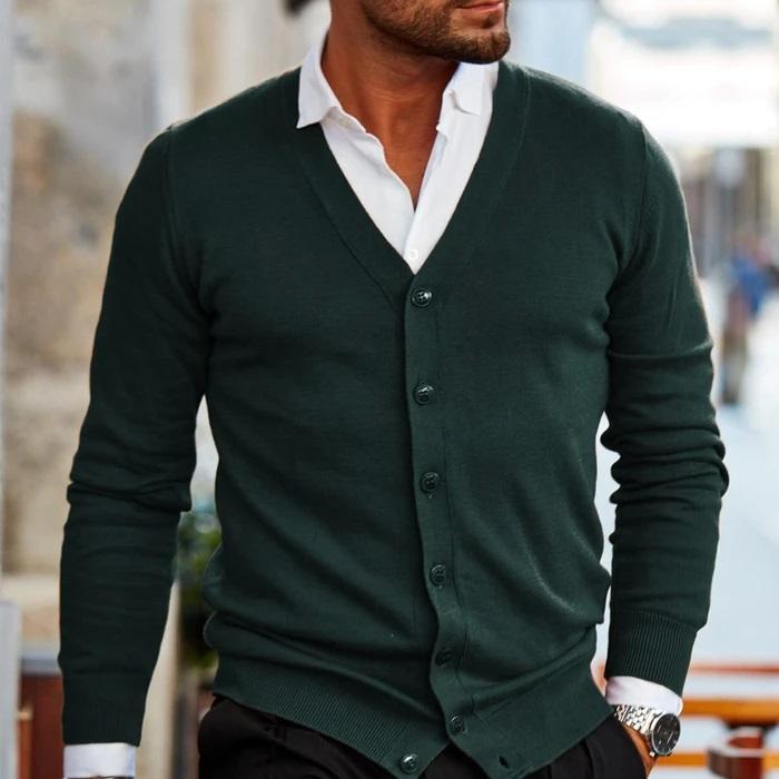 Men knit cardigan V-neck button front in dark red, casual style