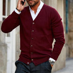 Men knit cardigan V-neck button front in dark red, casual style