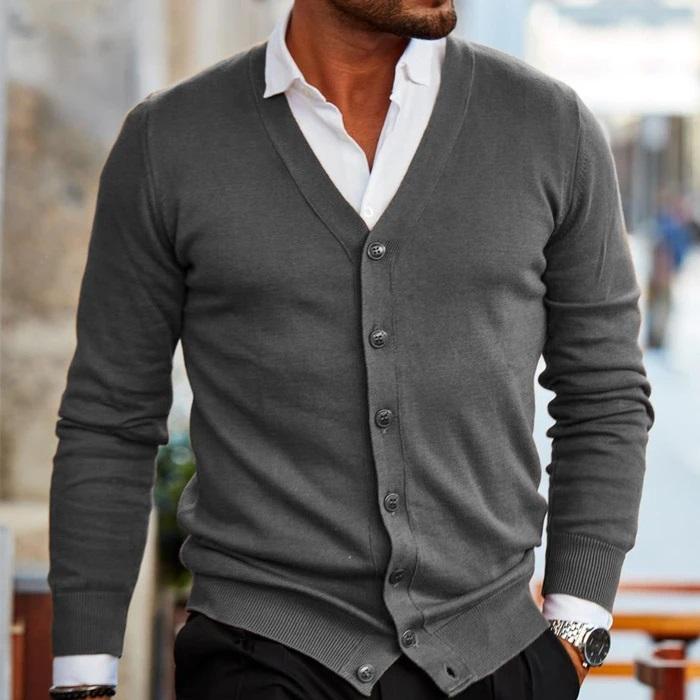 Men knit cardigan V-neck button front in dark red, casual style