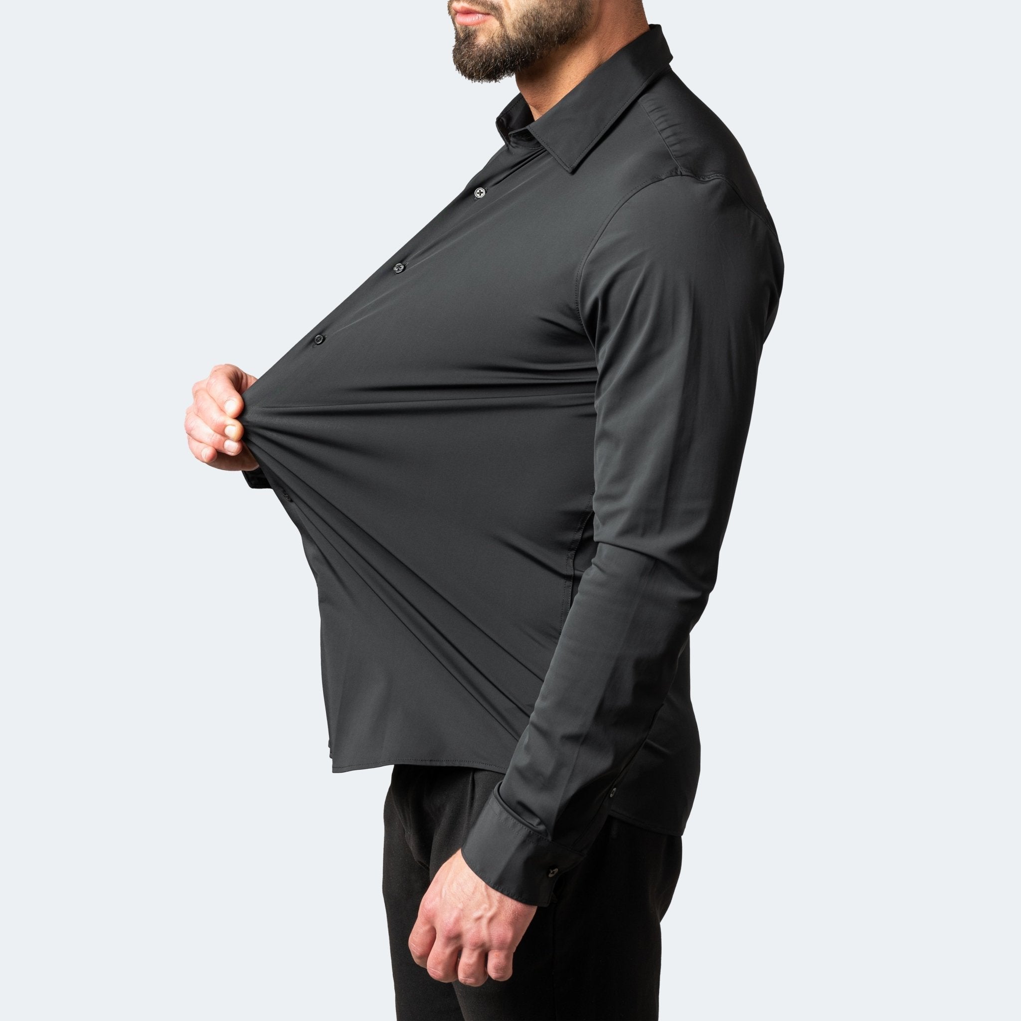Men's wrinkle-free stretch dress shirt slim fit, available in Black, White and Light Blue