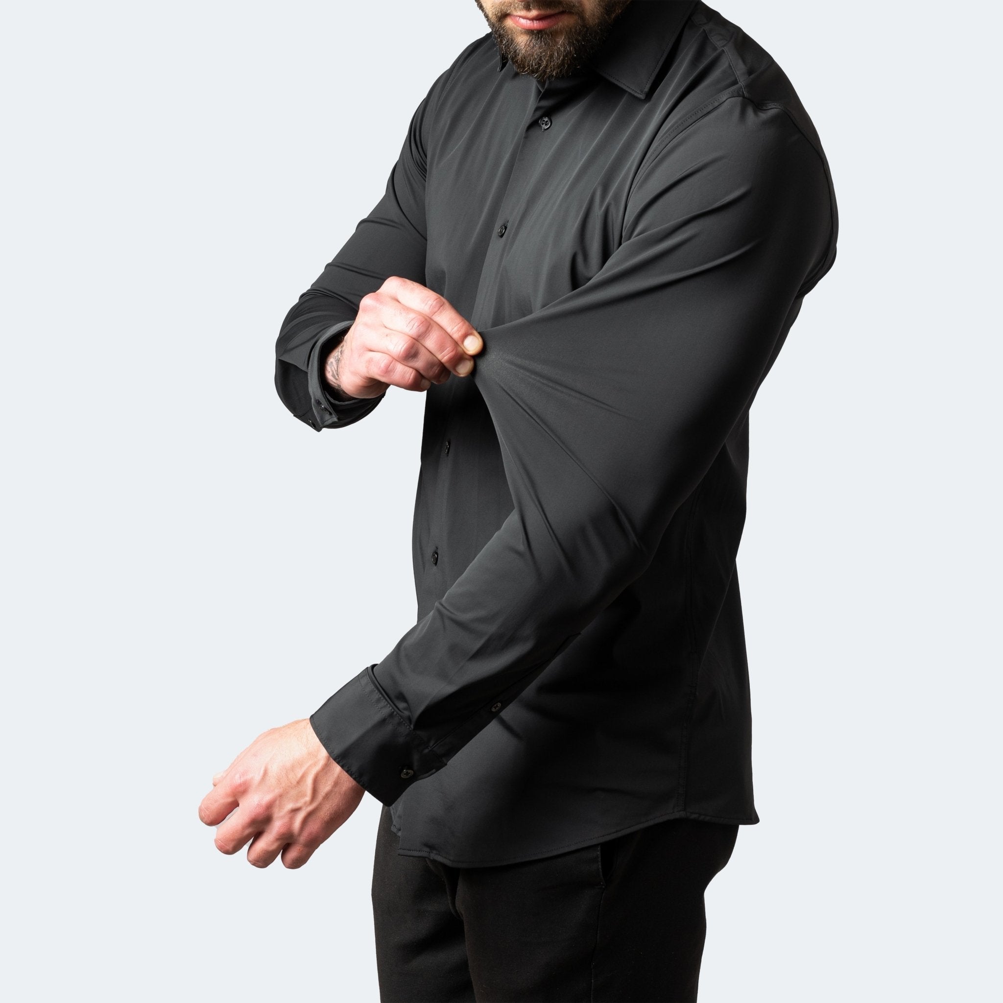 Men's wrinkle-free stretch dress shirt slim fit, available in Black, White and Light Blue