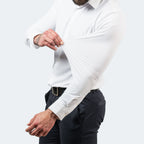 Men's wrinkle-free stretch dress shirt slim fit, available in Black, White and Light Blue