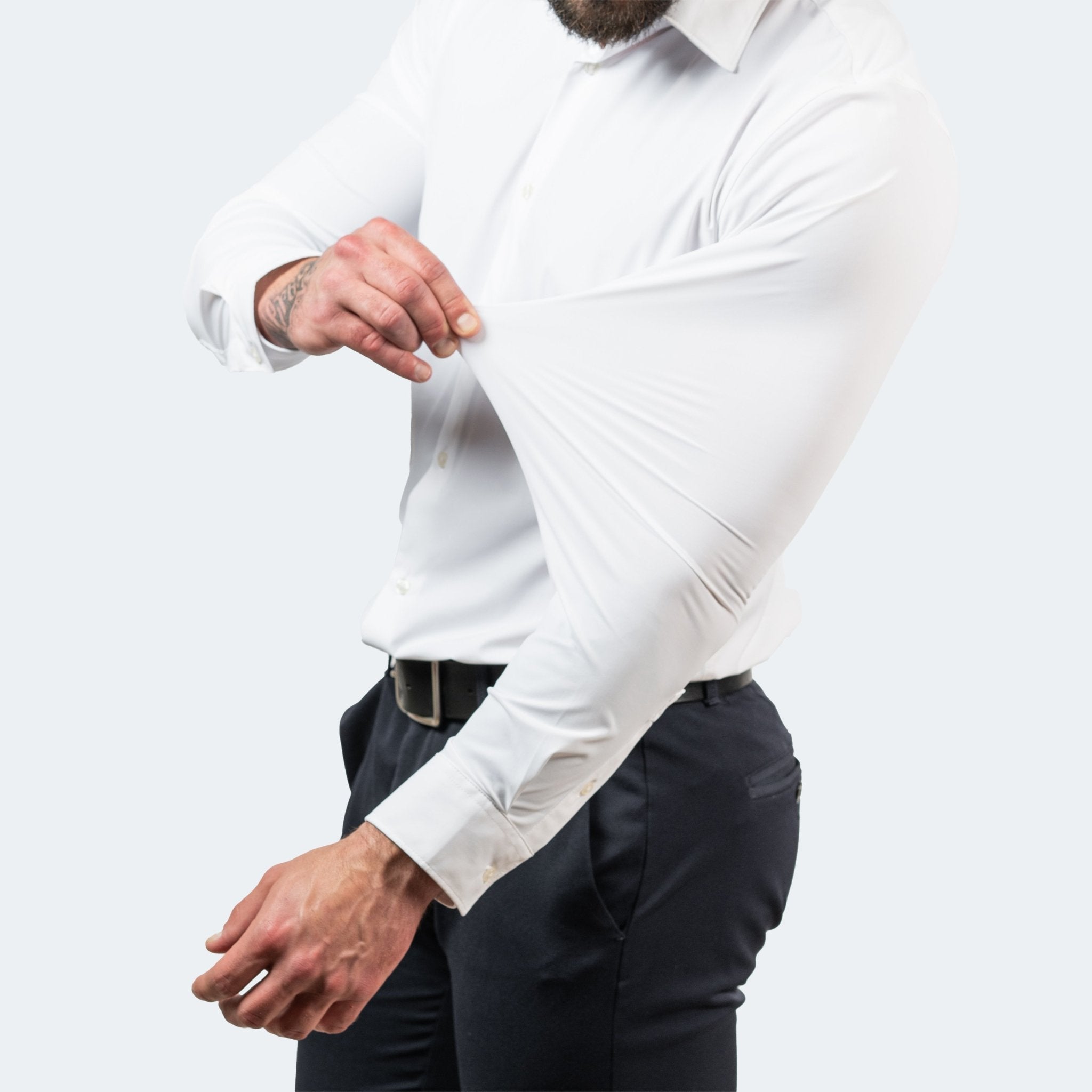 Men's wrinkle-free stretch dress shirt slim fit, available in Black, White and Light Blue
