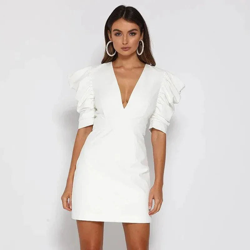 Summer Dress Women Mini Puff Sleeve V Neck Open Back Cotton White