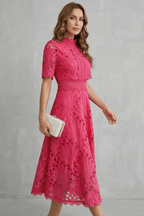 Women's A-line lace midi dress with high neckline, floral cut-out detail, Pink-Red and Ivory