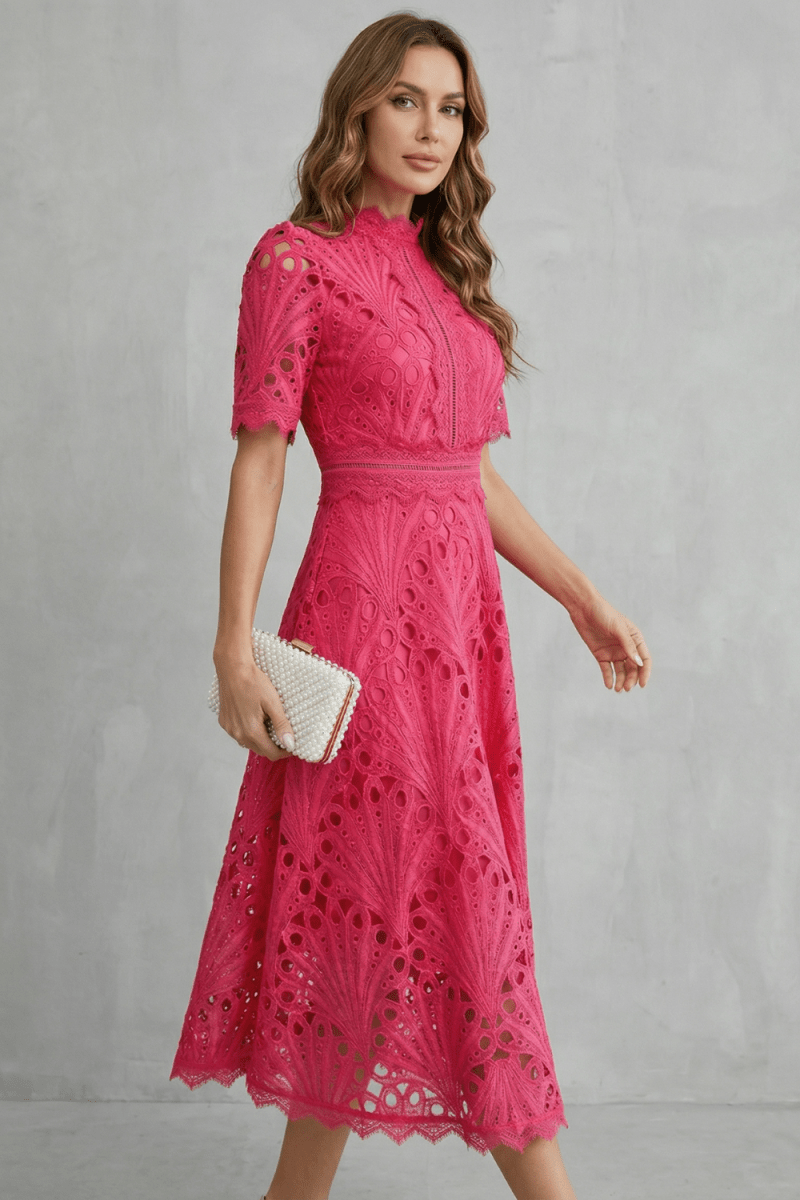 Women's A-line lace midi dress with high neckline, floral cut-out detail, Pink-Red and Ivory