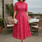 Women's A-line lace midi dress with high neckline, floral cut-out detail, Pink-Red and Ivory