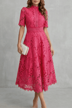 Women's A-line lace midi dress with high neckline, floral cut-out detail, Pink-Red and Ivory
