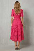 Women's A-line lace midi dress with high neckline, floral cut-out detail, Pink-Red and Ivory