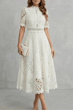 Women's A-line lace midi dress with high neckline, floral cut-out detail, Pink-Red and Ivory