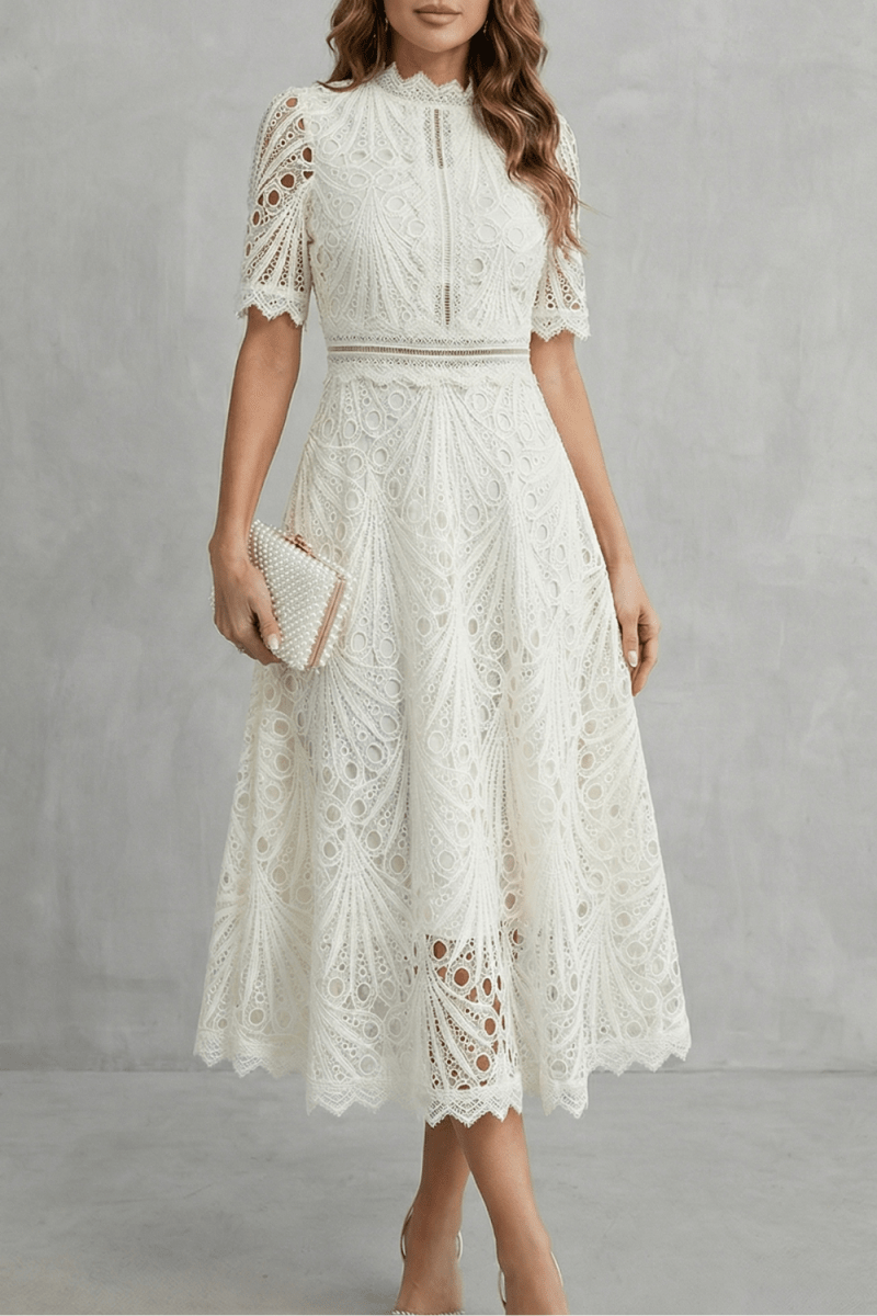 Women's A-line lace midi dress with high neckline, floral cut-out detail, Pink-Red and Ivory