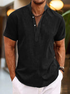 Men's linen shirt with Henley collar and short sleeves, breathable summer fit
