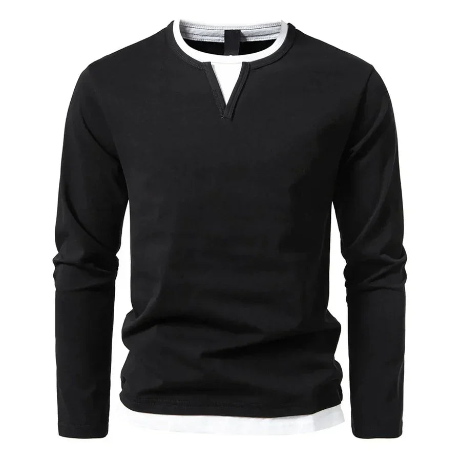 Men's Henley sweater long sleeve split neck solid colour casual top