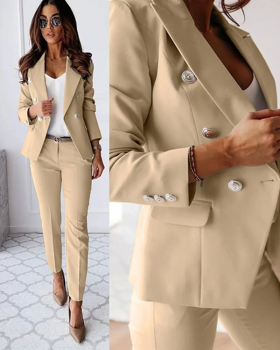 Women 2 piece suit set double breasted blazer and tailored pants for business