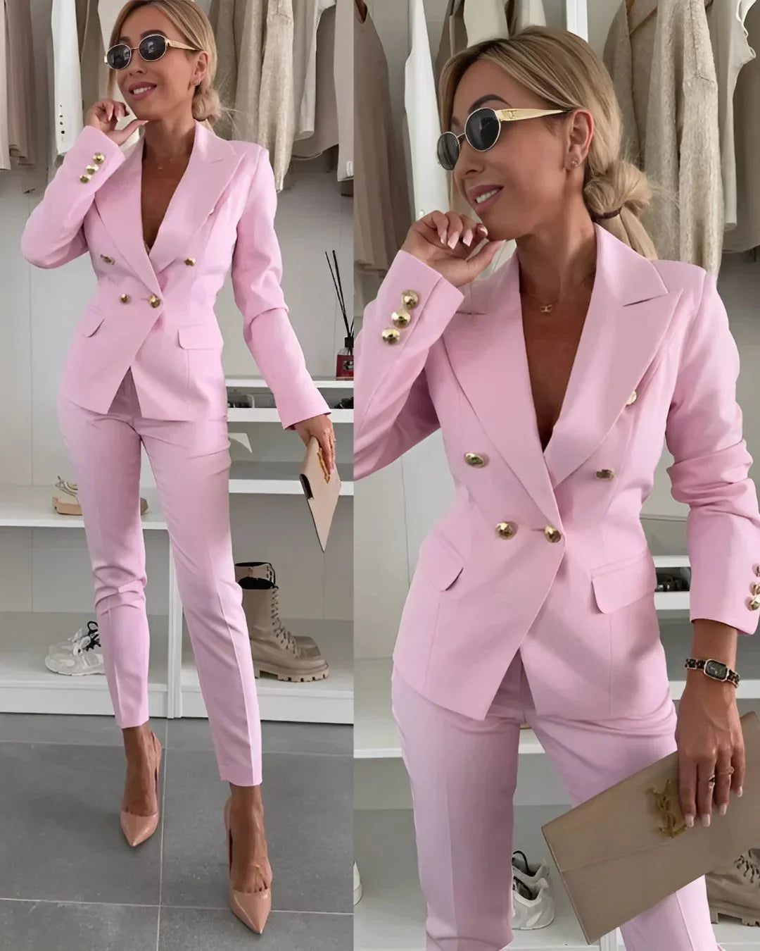 Women 2 piece suit set double breasted blazer and tailored pants for business