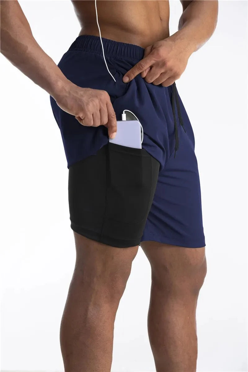 Men's running shorts with built-in liner and phone pocket, breathable athletic fit